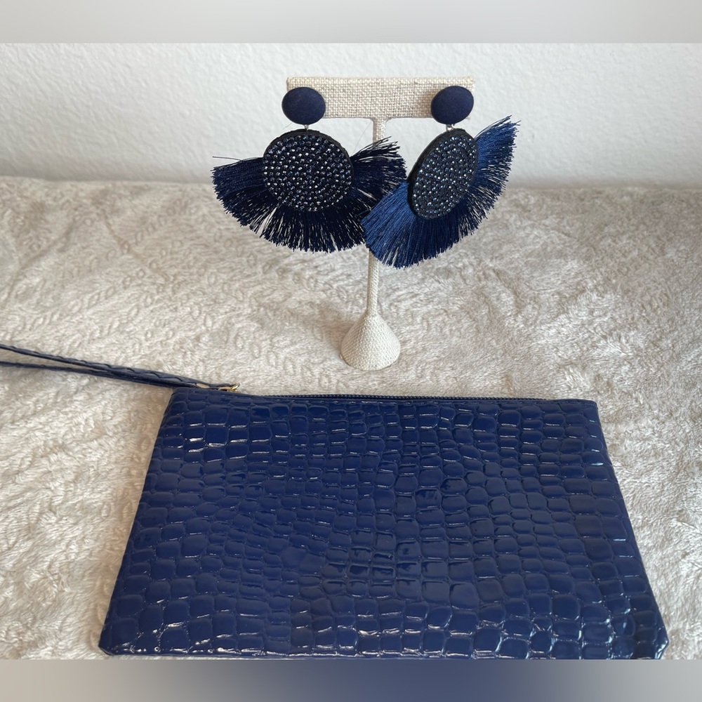 Navy‎ Patent Croc Wristlet Clutch with Fringe Statement Earrings